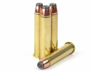 Four 45-70 Government 300gr JHP cartridges on display- balanced Recoil "Goldilocks" load ammo by Steinel.