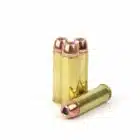 Four rounds of Steinel 500 S&W Magnum ammo loaded with 350gr XTP jacketed hollow points on a white background.