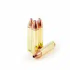 Four 250gr solid copper hollow point 450 Bushmaster cartridges arranged on a white background – traditional hunting ammo for deer.