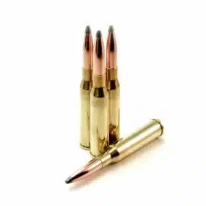 Four 6.5x50mm SR Arisaka 140gr soft point cartridges on display, designed for Type 38 rifles, reliable hunting and collectible Japanese military ammo