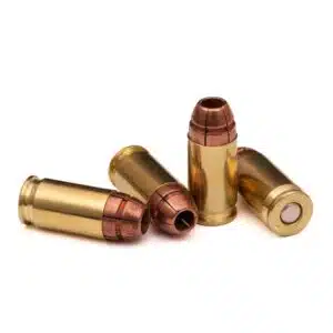 Four .380 Auto cartridges on white background – defensive hollow point ammo for compact handguns with reliable feeding and controlled expansion