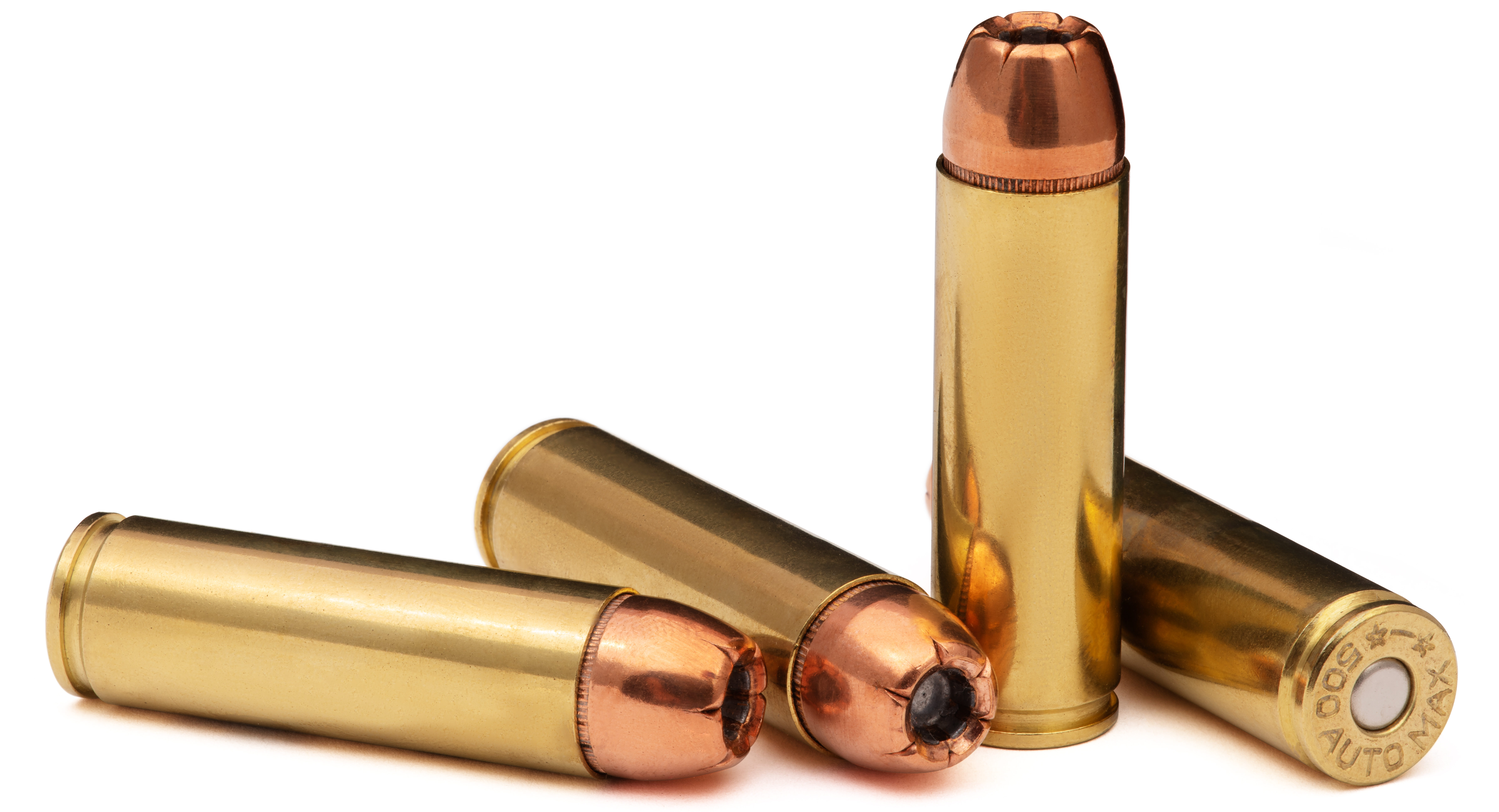 Steinel 500 auto max JHP Four rounds of 500 Auto Max loaded with 350 grain XTP hollow points for hunting or target use on a white background.