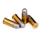 Four .38/200 Military Load cartridges with 200gr lead round nose bullets and brass cases — authentic WWII .38/200 revolver ammunition for historic sidearms