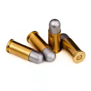 Four .38/200 Military Load cartridges with 200gr lead round nose bullets and brass cases — authentic WWII .38/200 revolver ammunition for historic sidearms