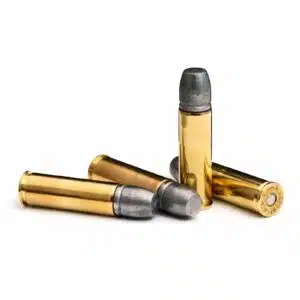 Four rounds of 500 S&W Magnum Ammo with large, 600 grain hard cast projectiles on a white backgound