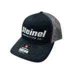 Steinel Ammunition black trucker cap with embroidered white logo and gray mesh backing