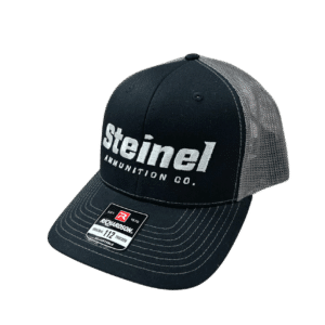 Steinel Ammunition black trucker cap with embroidered white logo and gray mesh backing