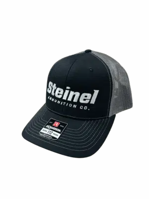 Steinel Ammunition black trucker cap with embroidered white logo and gray mesh backing