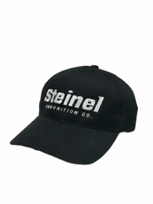 Black Steinel baseball cap with white embroidered logo and adjustable mesh back