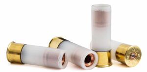 Four 12 Gauge solid copper hollow point slugs standing upright on a white background — lead-free shotgun ammo engineered for controlled expansion and deep penetration in defensive applications