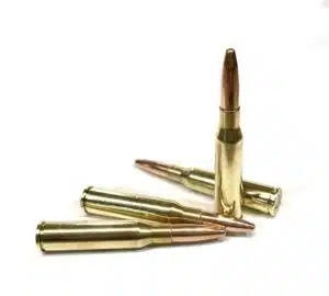 Four 6.5x50 Arisaka 140gr FMJ cartridges displayed in a row, ammunition designed for Japanese Arisaka rifles