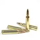 Four .223 Remington Match Grade 68gr BTHP cartridges standing upright in a staggered row on a white background