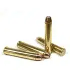 Four .444 Marlin 300gr JHP cartridges on white background – big game hunting ammo for modern lever-action rifles