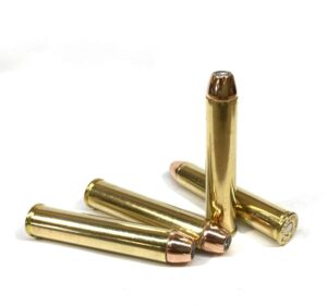 Four .444 Marlin 300gr JHP cartridges on white background – big game hunting ammo for modern lever-action rifles