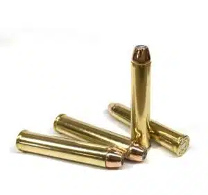 Four .444 Marlin 300gr JHP cartridges on white background – big game hunting ammo for modern lever-action rifles