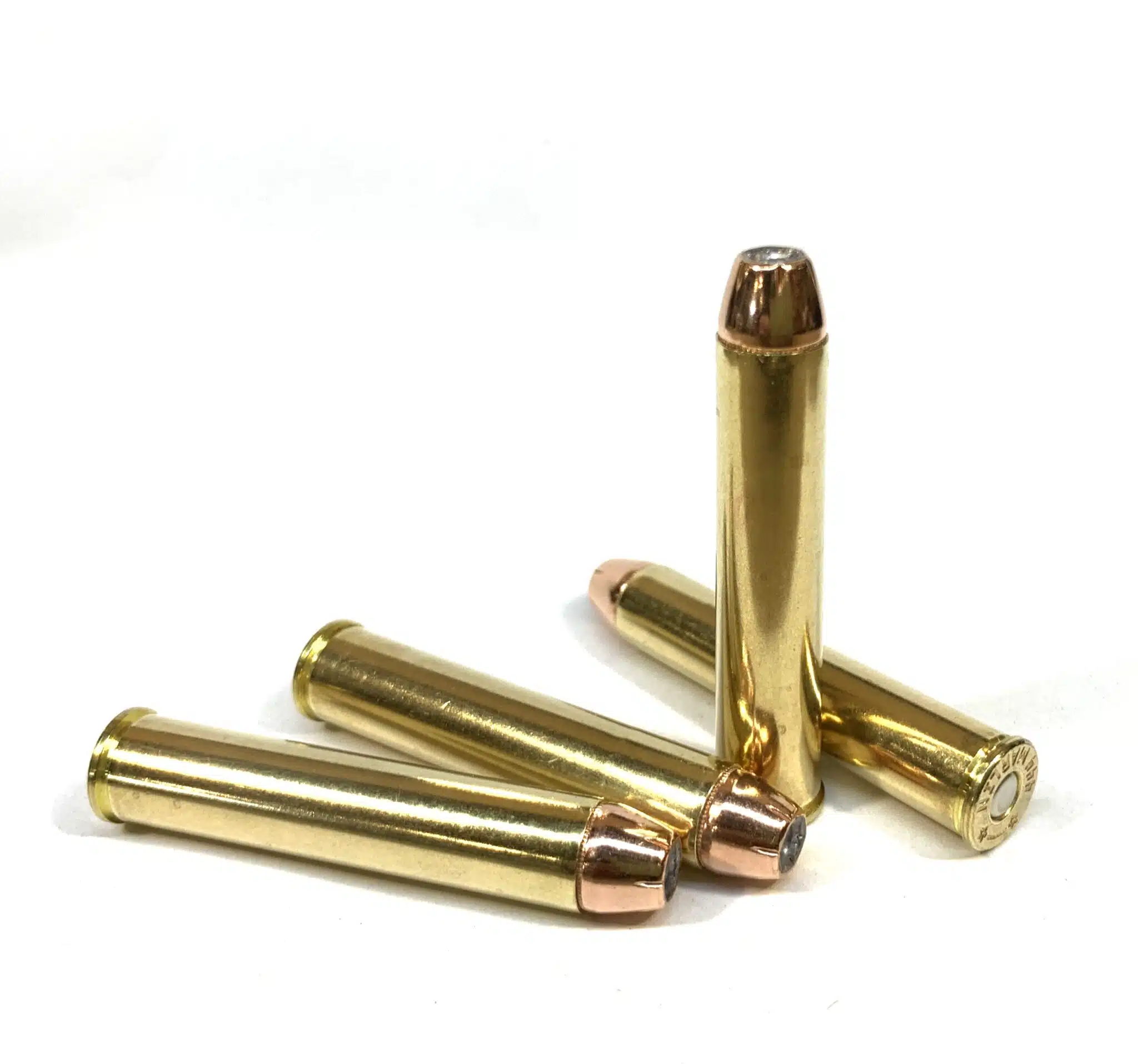 444 Marlin 300gr XTP Four .444 Marlin 300gr JHP cartridges on white background – big game hunting ammo for modern lever-action rifles