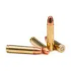 Four .30 Carbine 110gr round nose cartridges standing upright on a white background — classic full metal jacket ammo designed for reliable feeding and performance in M1 Carbines