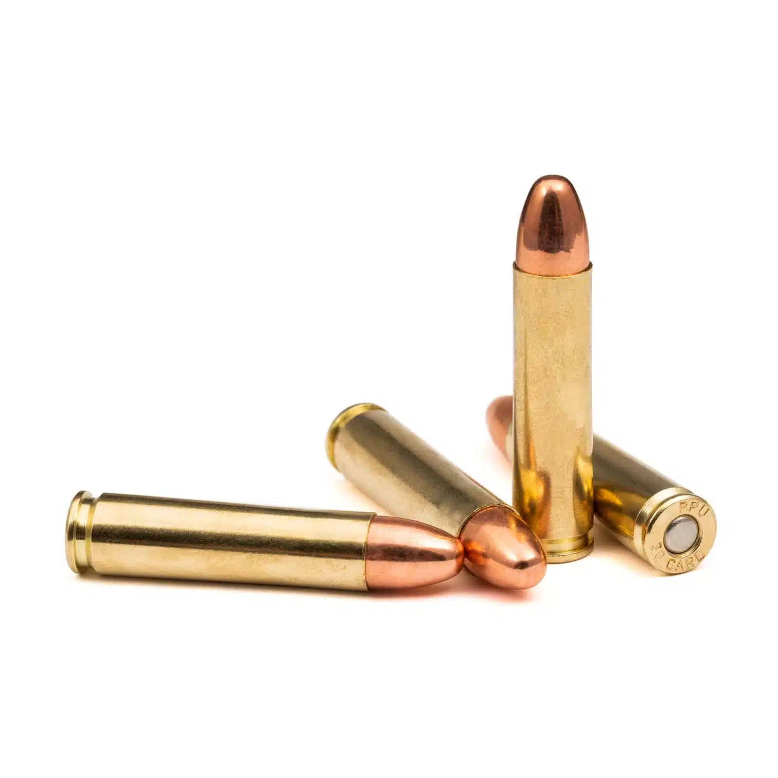Steinel 30 carbine 110gr FMJ Four .30 Carbine 110gr round nose cartridges standing upright on a white background — classic full metal jacket ammo designed for reliable feeding and performance in M1 Carbines