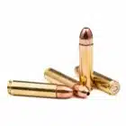Four 425gr Subsonic 450 Bushmaster cartridges arranged on a white background – new projectile technology for maximum terminal effectiveness on large game.
