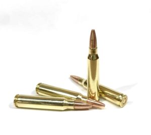 Four 223 Remington 62gr solid copper hollow point rounds standing upright on a white background — lead-free rifle ammo designed for superior accuracy, controlled expansion, and barrier-blind performance in defense and varmint applications
