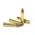 Four .30 Carbine 110gr solid copper hollow point rounds standing upright on a white background — modern SCHP ammo optimized for M1 Carbines, offering reliable expansion and performance for hunting and self defensive performance