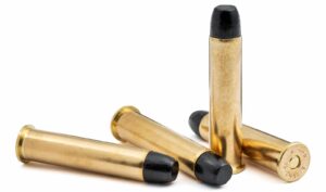 Four 45-70 Government subsonic 405gr Round Nose Flat Point cartridges displayed upright and flat.