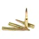 Four 6.5x50mmSR Arisaka 140gr Boat Tail Hollow Point cartridges with brass cases arranged together — precision 6.5 Arisaka BTHP ammo for historic rifles