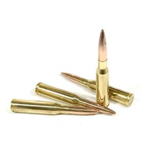 Four 6.5x50mmSR Arisaka 140gr Boat Tail Hollow Point cartridges with brass cases arranged together — precision 6.5 Arisaka BTHP ammo for historic rifles