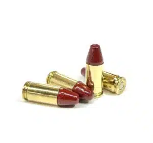 Four rounds of 9mm Glisenti 125gr conical nose ammunition on display—vintage Italian pistol ammo for collectors and historic firearm shooting