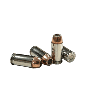 45 ACP +P 200gr Gold Dot defensive hollow points from Steinel- four rounds of nickel-plated cases.