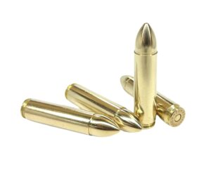 Four 280gr Brass Spike 450 Bushmaster cartridges on display on a white backround. designed for maximum penetration- even when barriers are present.