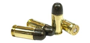Four rounds of 455 Webley for shaved cylinders loaded with 262 grain Round Nose coated bullets.