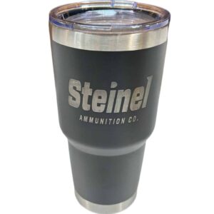 20oz stainless steel Steinel tumbler with white logo, vacuum-insulated for hot or cold drinks
