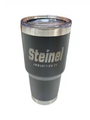20oz stainless steel Steinel tumbler with white logo, vacuum-insulated for hot or cold drinks