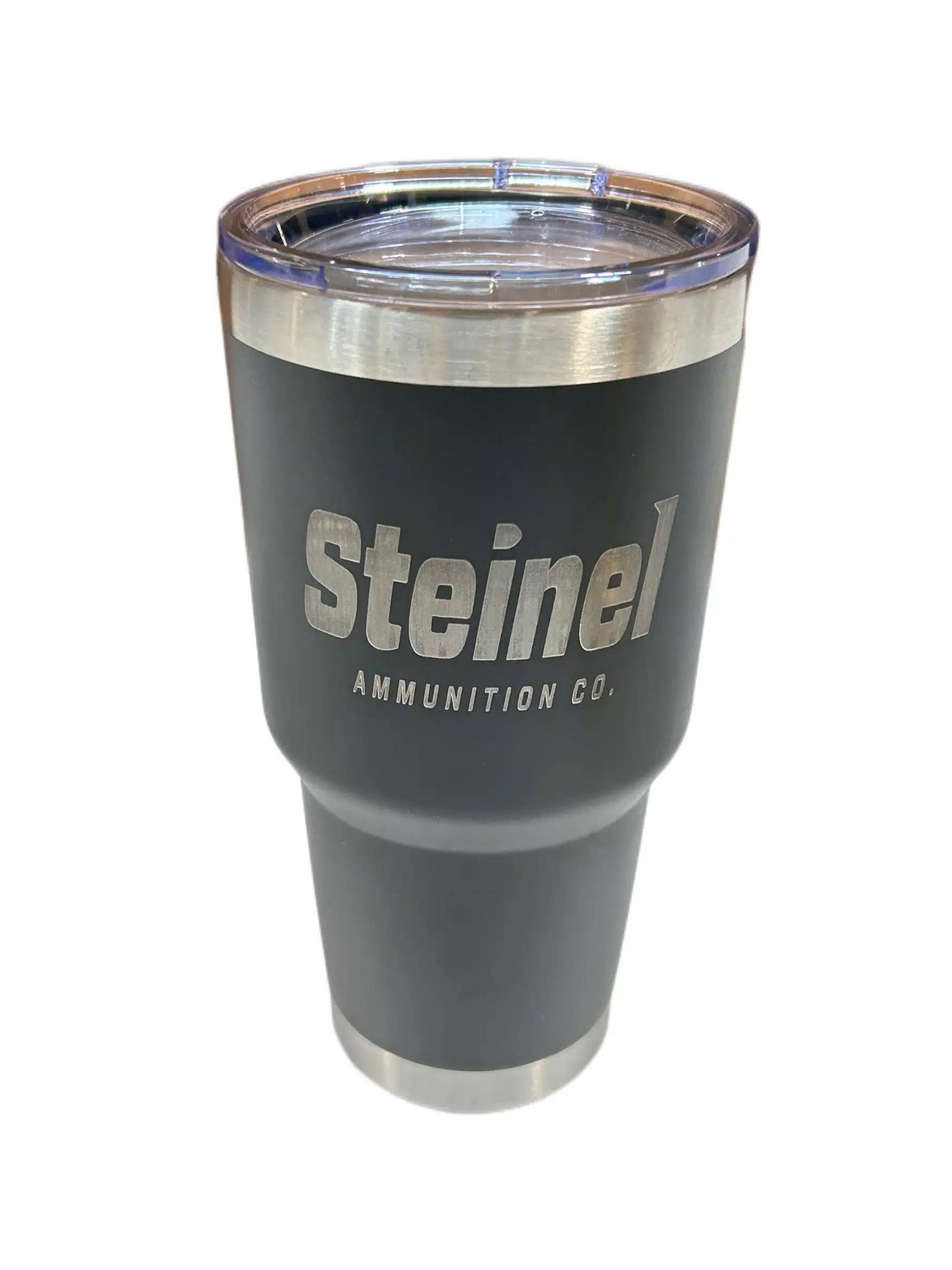 Black and Brushed SS Tumbler 20oz stainless steel Steinel tumbler with white logo, vacuum-insulated for hot or cold drinks