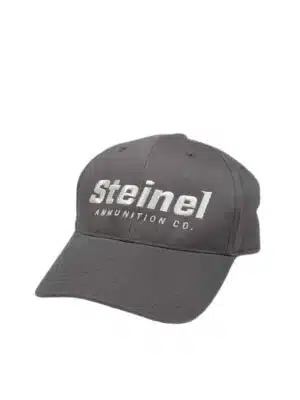 Gray Steinel baseball cap with white embroidered logo and adjustable strap