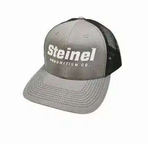 Gray and black Steinel trucker cap with mesh back and bold front logo.