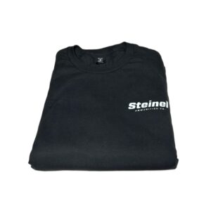Black Steinel T-shirt with small white logo on chest, made from soft cotton