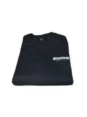 Black Steinel T-shirt with small white logo on chest, made from soft cotton