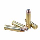 Four .327 Federal Magnum 100gr JHP cartridges on white background – high-velocity hollow point ammo for compact revolvers and self-defense use