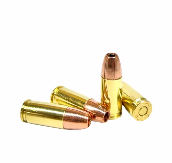 Four rounds of Steinel Ammo 9mm 124gr Ultimate Home Defense loads on display