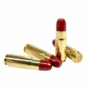 Four rounds of Steinel Ammo 458 SOCOM with large, red bullets on display.