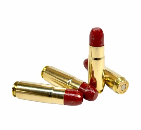 Four rounds of Steinel Ammo 458 SOCOM with large, red bullets on display.