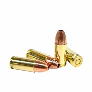 Four rounds of Steinel Ammo 9mm 115gr Ultimate Home Defense loads on display