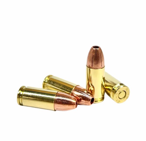 Four rounds of Steinel Ammo 9mm 115gr Ultimate Home Defense loads on display