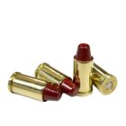 Four Steinel .45 Auto Rim Low Pressure 185gr SWC cartridges lined up to display semi-wadcutter bullets and brass cases