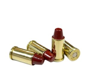 Four Steinel .45 Auto Rim Low Pressure 185gr SWC cartridges lined up to display semi-wadcutter bullets and brass cases