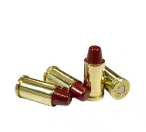 Four Steinel .45 Auto Rim Low Pressure 185gr SWC cartridges lined up to display semi-wadcutter bullets and brass cases