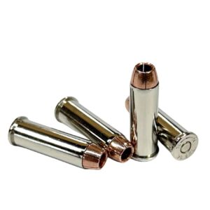 4 rounds of Steinel Ammo's Snub Nose Pro with nickel-plated cases on display