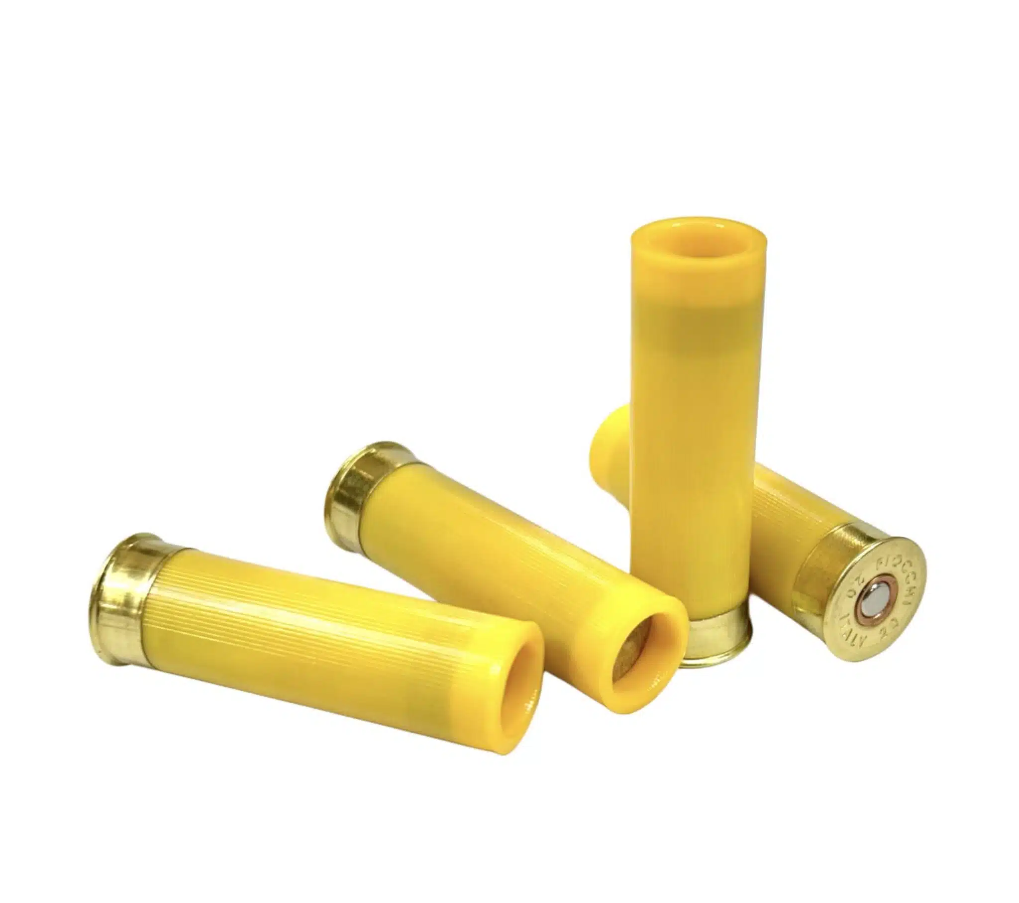 Steinel 20 gauge slug Four 20 Gauge 2¾ inch solid copper hollow point slugs standing upright on a white background — high-velocity, lead-free shotgun ammo designed for rapid expansion and superior accuracy